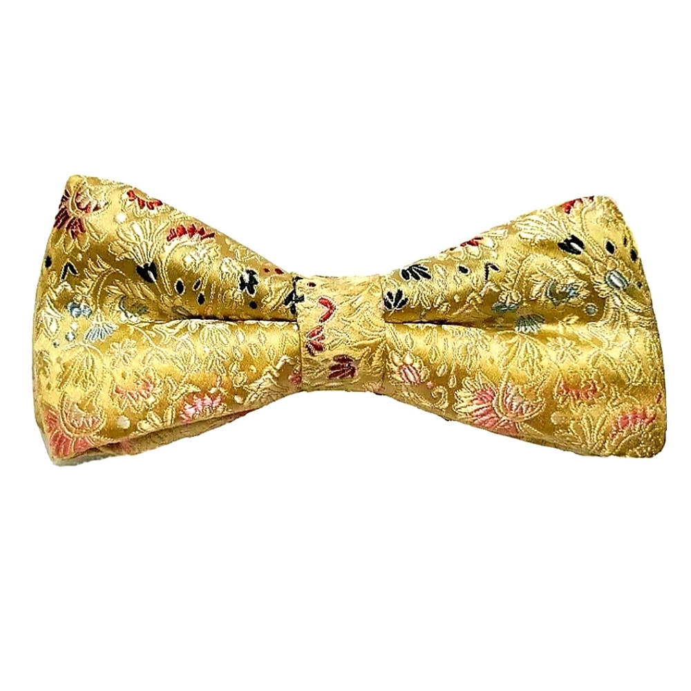 NEW Handmade Floral Silk Brocade Bowtie. 5.25" x 2.5" Pre-tied. Gold. Unisex